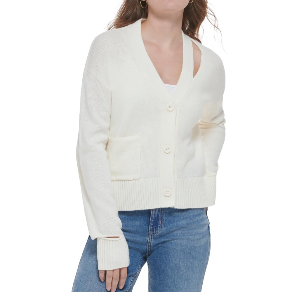 CALVIN KLEIN women’s size large cutout ivory button up cardigan sweater NWT